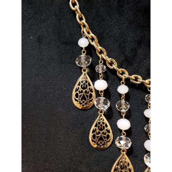 Womens Gold Tone Glass Acrylic Beads Filigree Teardrop Fringe Statement Necklace - Picture 5 of 7